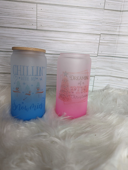 Chilling with my Snowmies Blue Ombre Glass Can Tumbler